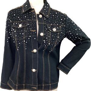 Quacker Factory Black Denim/Jean Jacket Pearl Buttons Beaded Studed Sz XS #57X